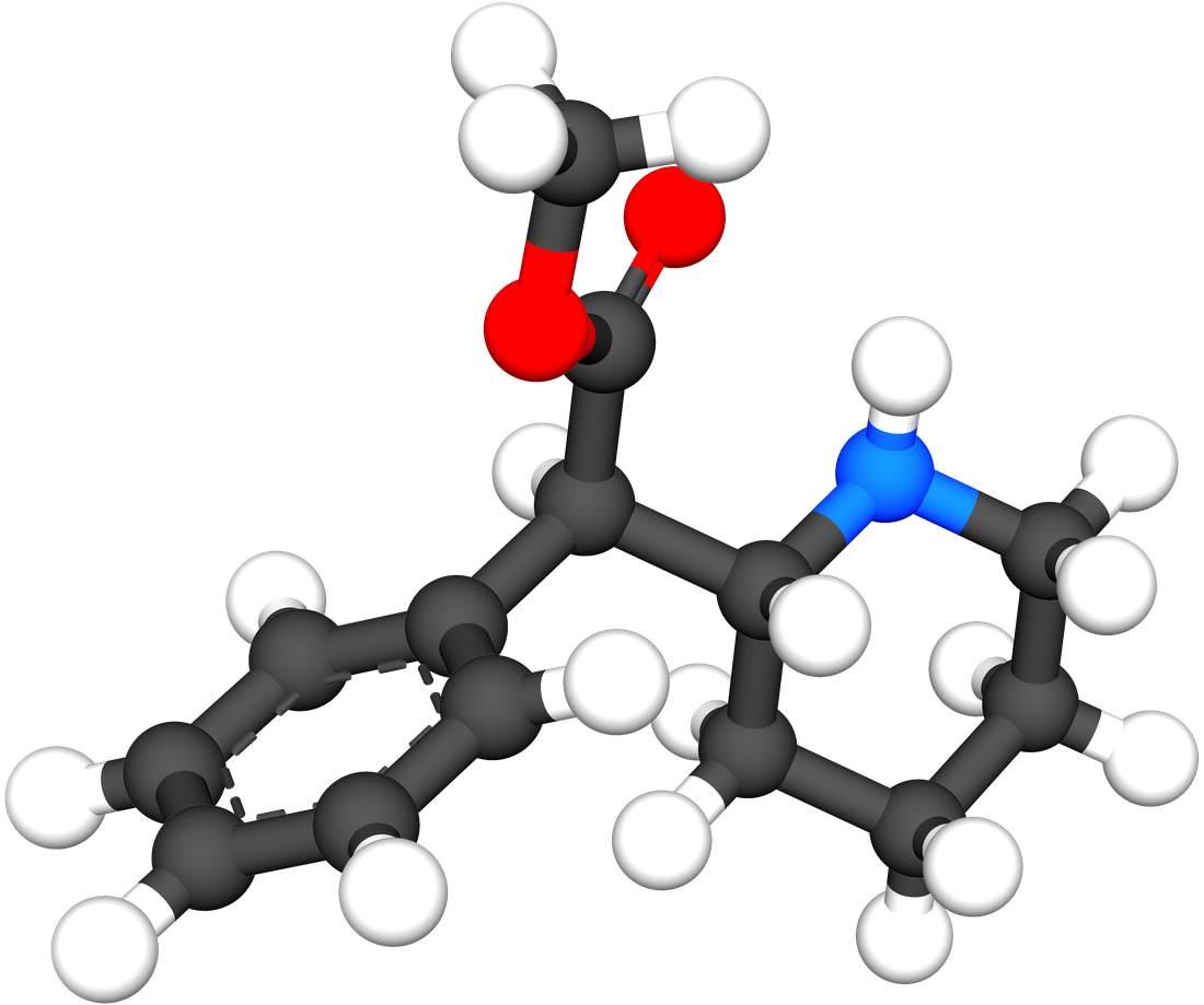 3D ball-and-stick model of methylphenidate showing the piperidine ring, phenyl ring, and methyl ester group